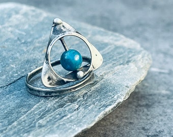 Apatite ring magical symbol adjustable ring gemstone magic jewelry witch ring triangular handmade ring raw metalwork vintage style hallows