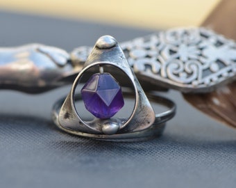 Hallows adjustable ring amethyst gemstone teen gift magical symbol magical jewelry witch ring February birthstone adjustable ring