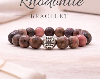 Rhodonite Gemstone Bracelet, 7 Inch-Stretch Bracelet Handmade