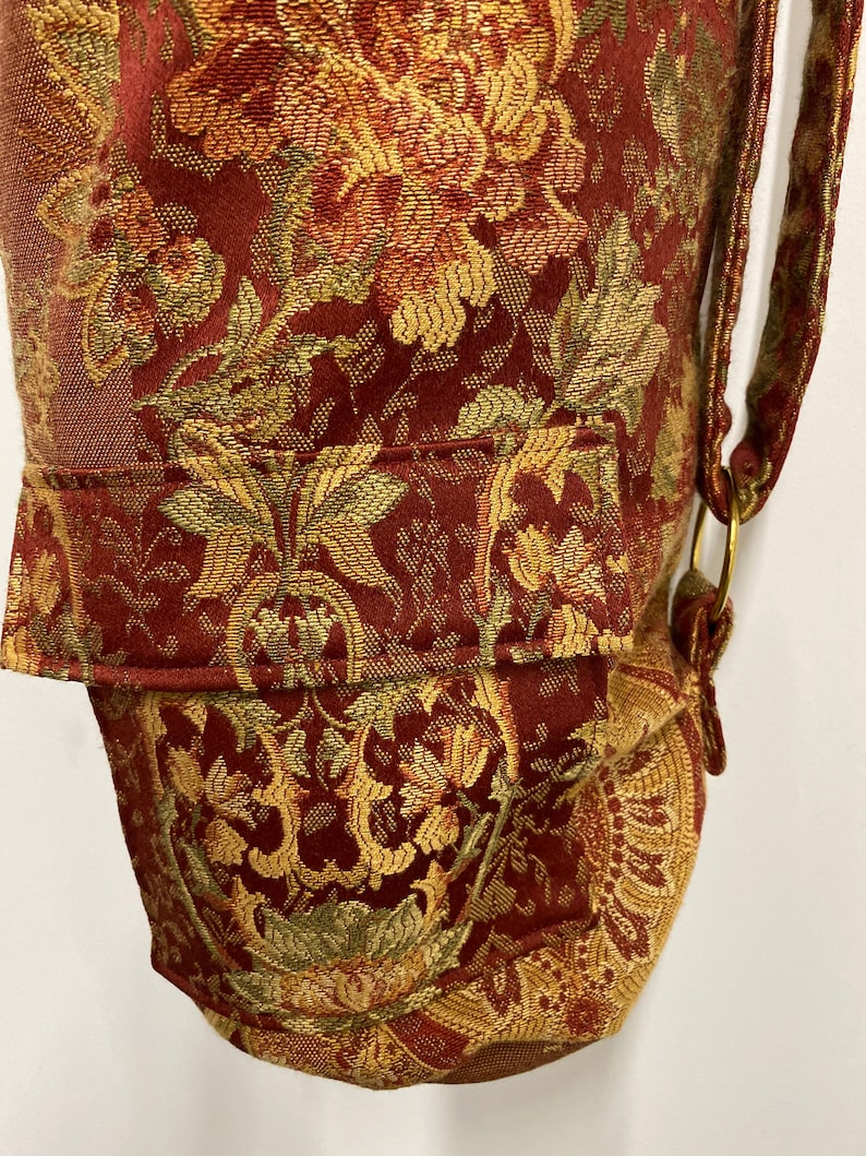 Yoga mat bag handmade in deep rich red and gold fabric Includes adjustable strap /& pocket.