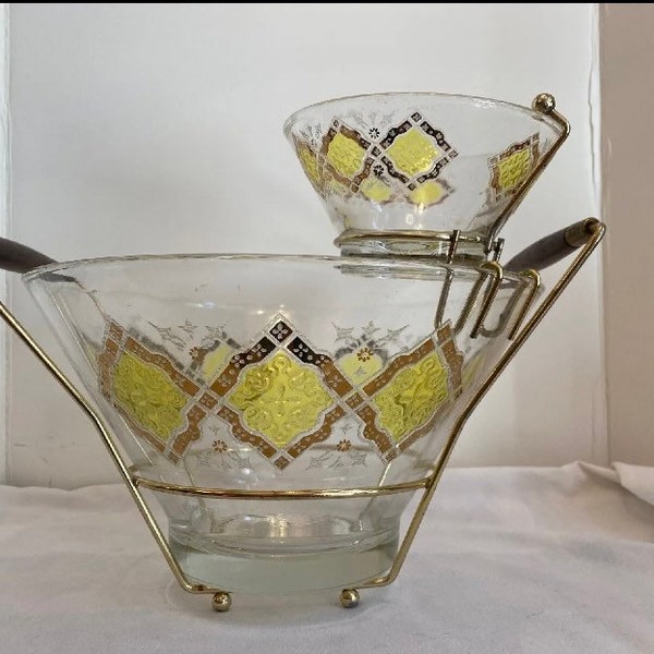 MCM 22k Gold Yellow Chip & Dip Bowl Set Vintage 10 1/2” Bowl Carrier Dip Holder