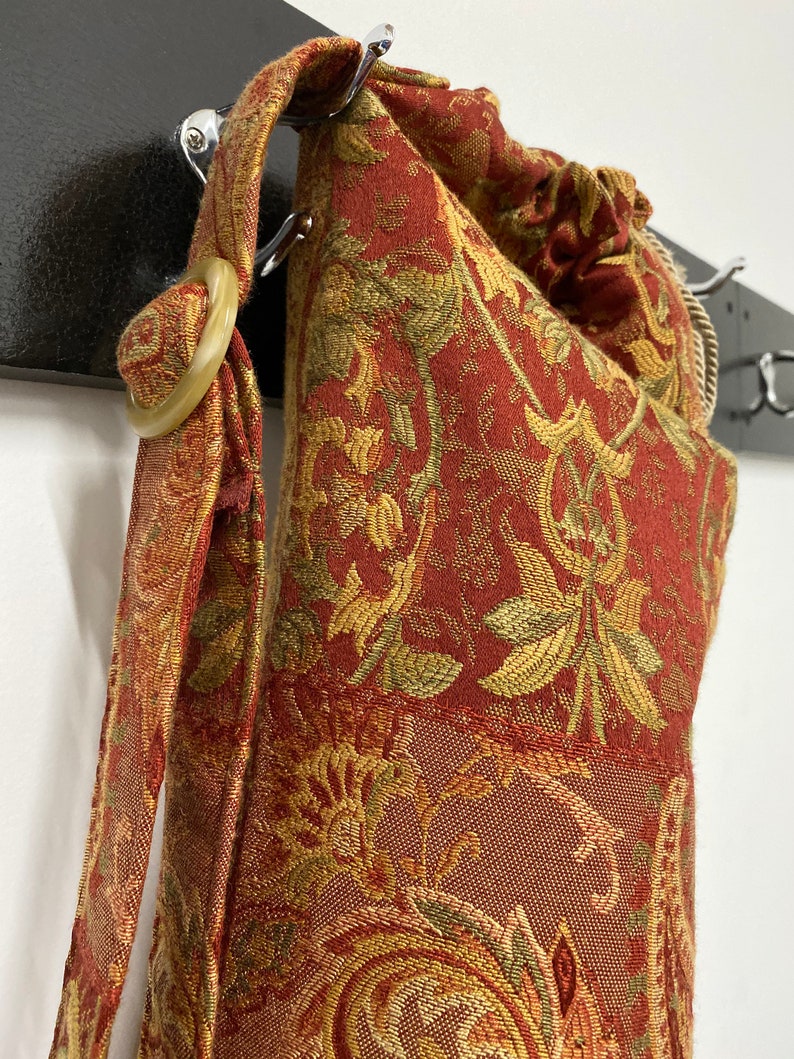 Yoga mat bag handmade in deep rich red and gold fabric Includes adjustable strap /& pocket.