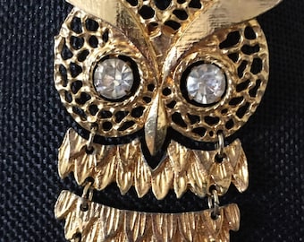 Vintage Owl Brooch With Rhinestone Eyes