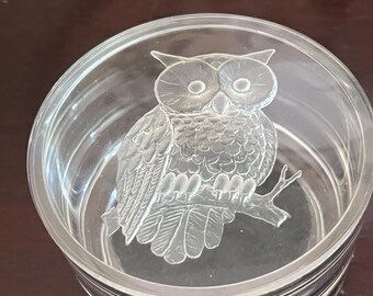 Vintage lucite acrylic owl trinket box, often used for storing small items like jewelry or other keepsakes.