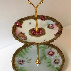 Vintage Porcelain Two Tier Embellished Floral Plate Stand with Gold Tone Handle