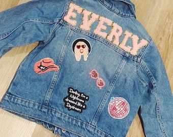 Custom Swiftie Lover Denim Jacket with Chenile Patches for Baby, Toddler and Kids SEWN on patches | T Swift | Reputation | Eras Tour | Gift