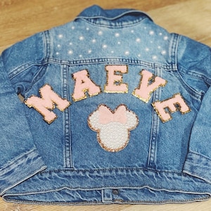 Personalized Disney Denim Jacket with Chenile Patches for Baby, Toddler and Kids-patches are SEWN on