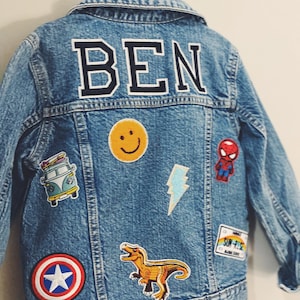 Personalized Boys Denim Jacket with Patches for Baby, Toddler and Kids-patches are SEWN on | Hockey, Football, Superhero’s, Dinos, Spiderman