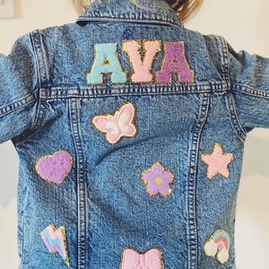 Personalized Chenile Rainbow Patch Denim Jacket with Sewn on Patches for Baby, Toddler and Kids | Birthday, Easter, Vacation gift idea |