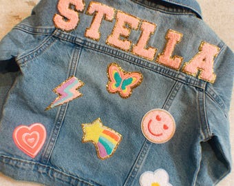 Chaqueta vaquera personalizada con parches de chenilla para bebés, niños pequeños y niños / PARCHES COSIDOS / Idea de regalo de cumpleaños /