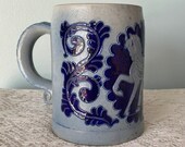 Reinhold Merkelbach Höhr-Grenzhausen Blue Horse Farmer Man Salt Glaze Pottery German 0.5L Beer Stein Mug - Made in Germany