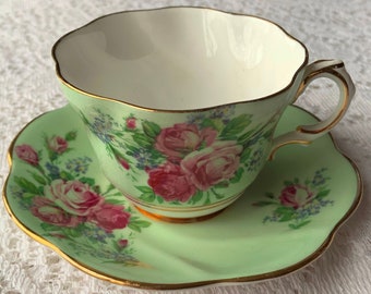 Rosina Mint Green Pink Rose Floral Bone China Tea Cup & Saucer - Made in England
