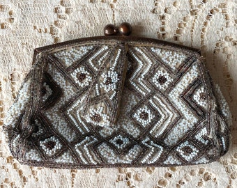 Vintage Hand Made Beaded French Wristlet Clutch Purse Handbag - White Ivory Bronze Seed Pearl Bead - Made in France