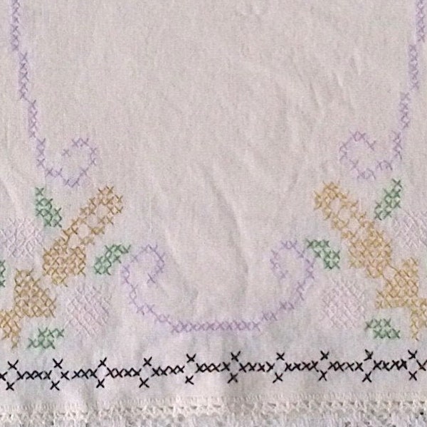 Vintage Ivory Black Purple Green Yellow Embroidered Table Runner Dresser Scarf - 12 X 36