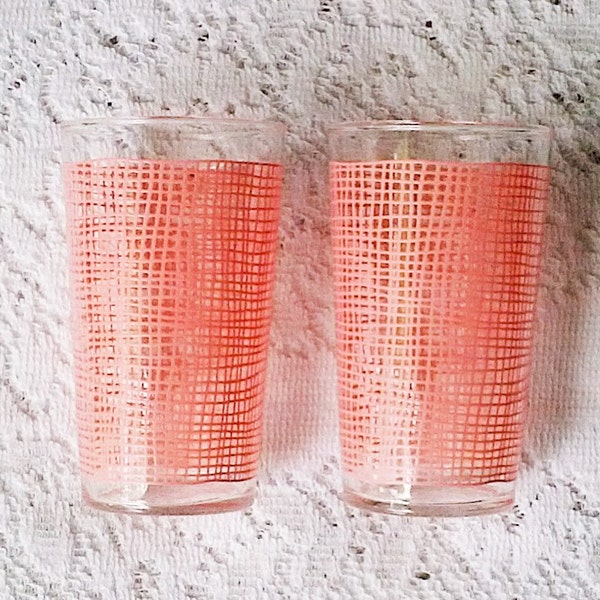 Pair of Federal Pink Gingham Print Juice Glasses Tumblers - Set of 2