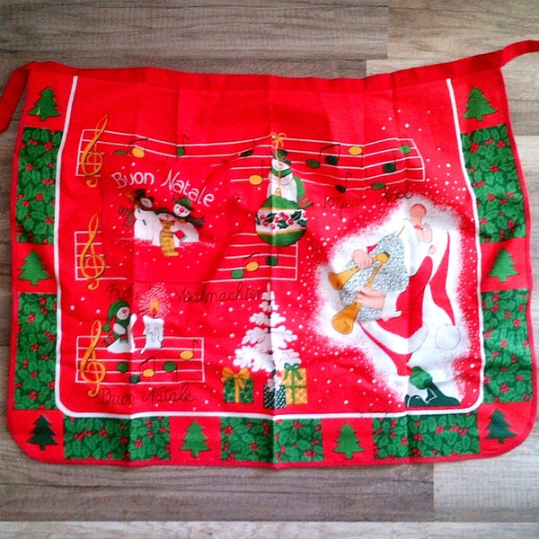Vintage M.J. Maurey Merry Christmas Half Apron with Pocket - New Old Stock - Red Green Tree Holly Snowman - European French German Italian