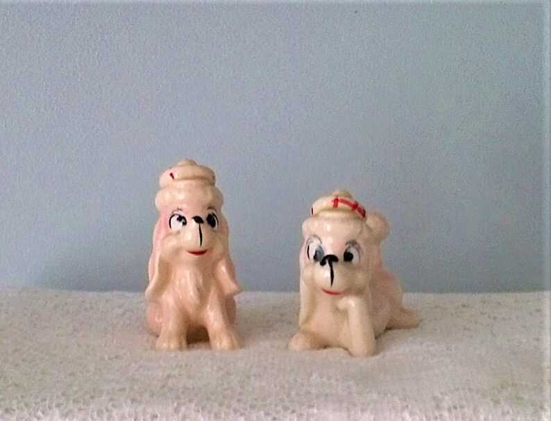 Pair of Vintage Light Pink Poodle with Red /& White Tartan Hat Salt and Pepper Shakers Set of 2