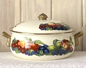 Lincoware Orchard Royale Fruit Large Enamel Ware Pot Cookware with Double Brass Handles and Lid - 4.5 Qt Quart