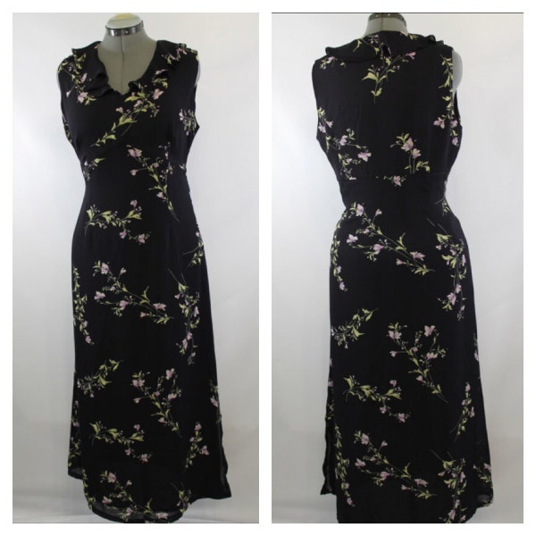 Vintage 90s Floral Dress Sleeveless Summer Ruffle Navy Blue Flower Print Maxi Dress 90s Grunge Womens Clothing Dresses Large
