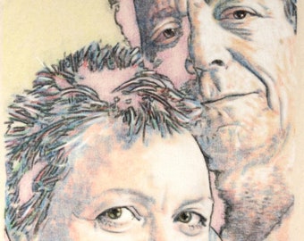 Original, hand drawn portrait of Laurie Anderson and Lou Reed, in charcoal and pastel on calico