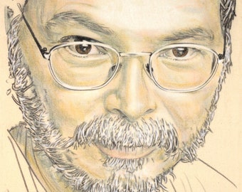 Original hand-drawn portrait of Walter Becker, in charcoal and pastel on calico