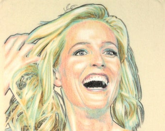 Gillian Anderson, hand drawn charcoal and pastel on calico