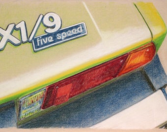 Hand drawn detail of a Fiat X1/9, in charcoal and pastel on canvas