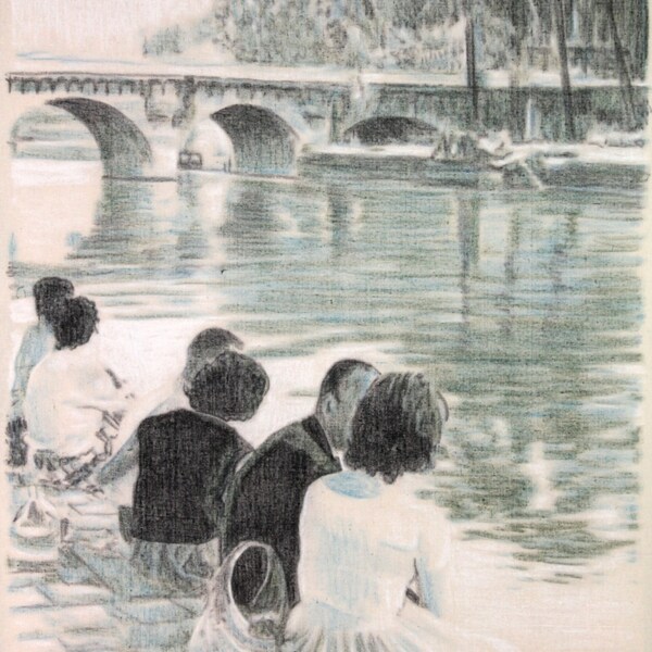 Drawing of people sitting by the Seine, by the Pont Neuf, in Paris.