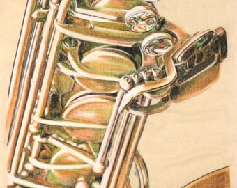 Saxophone detail, hand drawn charcoal and pastel on calico