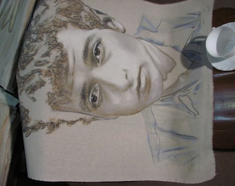 Original hand-drawn portrait of a young Bob Dylan, in charcoal and pastel on calico