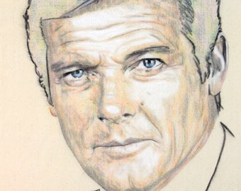 Original hand drawn portrait of Roger Moore, in charcoal and pastel on calico