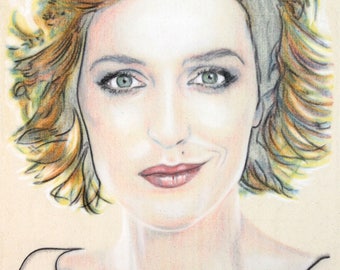 Original hand drawn portrait of Gillian Anderson, in charcoal and pastel on calico