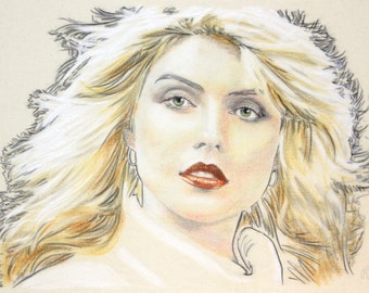 Original, hand drawn portrait of Debbie Harry, in charcoal and pastel on calico