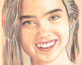 Jennifer Connelly, hand drawn one-off in charcoal and pastel on calico