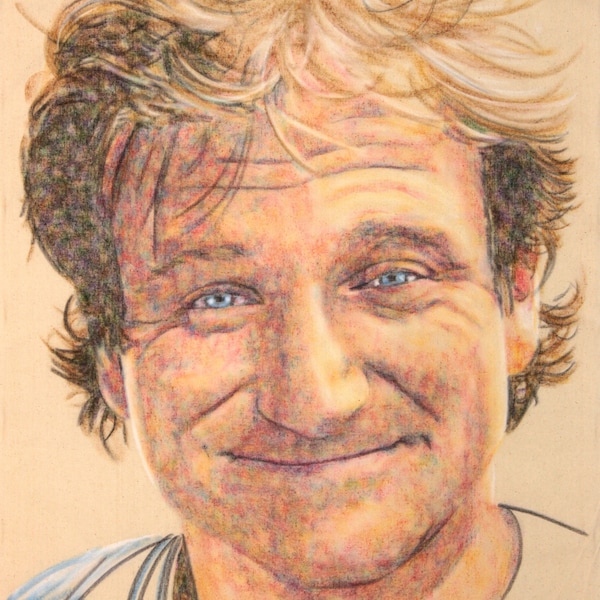 Robin Williams, hand drawn charcoal and pastel on calico