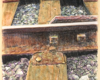 Hand drawn train tracks, in pastel and charcoal on calico