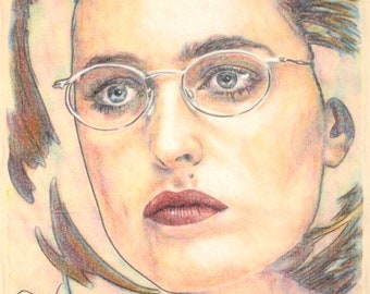 Gillian Anderson, hand drawn one-off in charcoal and pastel on calico