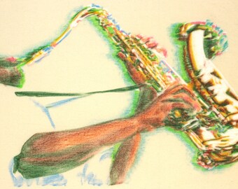 One-off, original drawing of someone playing the saxophone, in charcoal and pastel