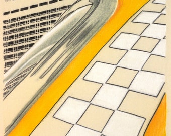 One-off, original drawing of part of a Checker cab in New York, in charcoal and pastel