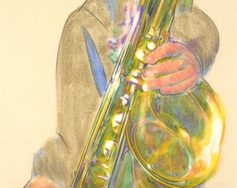 Original, one-off drawing of someone playing a saxophone, in charcoal and pastel