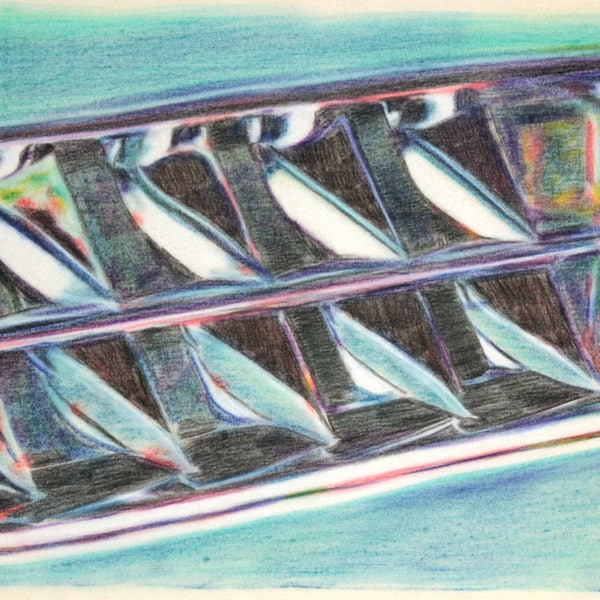 Original, one-off drawing of the side of a BMW 507, in charcoal and pastel on calico