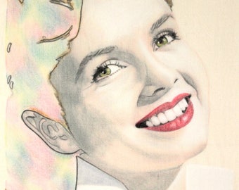 Original hand drawn portrait of Debbie Reynolds, in charcoal and pastel on calico