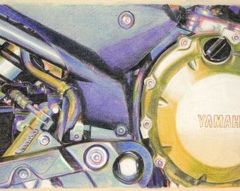 One-off, original drawing of a Yamaha motorcyle engine, in charcoal and pastel