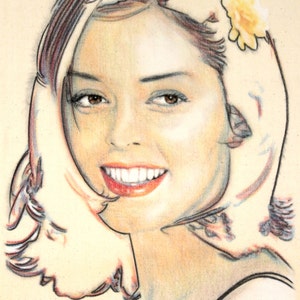 One-off, hand-drawn portrait of Rose McGowan, in charcoal and pastel on calico imagem 1