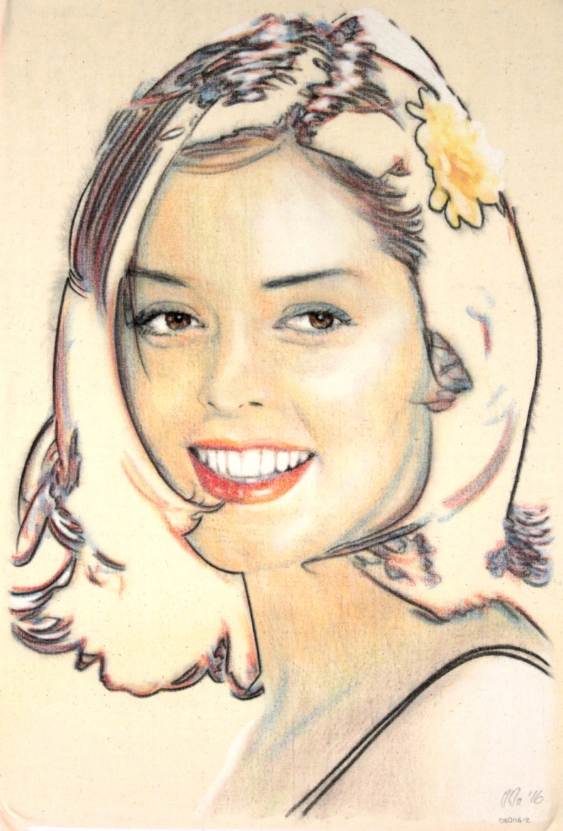 One-off, hand-drawn portrait of Rose McGowan, in charcoal and pastel on calico imagem 1