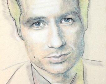 Original hand drawn portrait of David Duchovny, in charcoal and pastel on calico