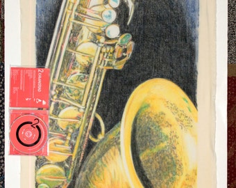 Original one-off drawing of a saxophone, in charcoal and pastel on calico