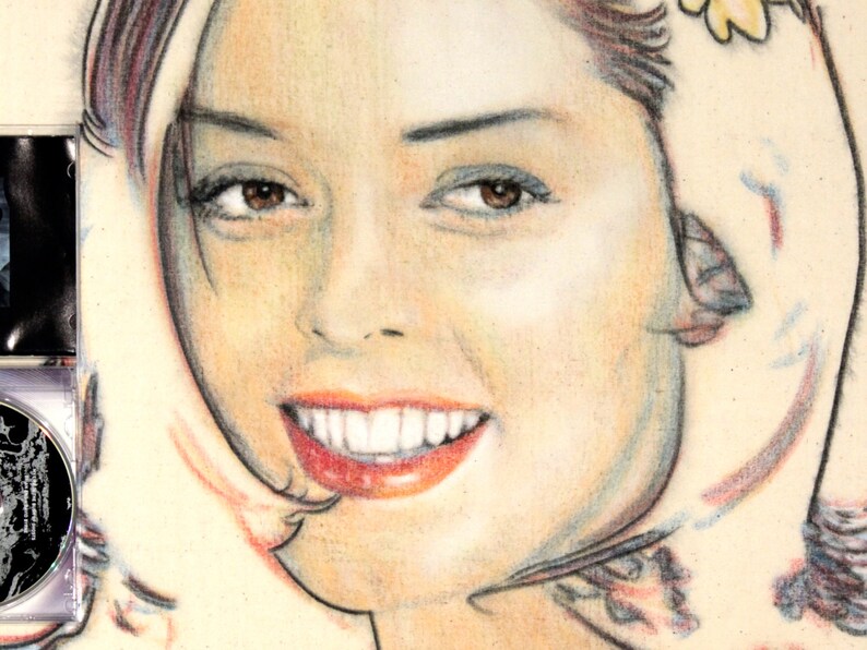 One-off, hand-drawn portrait of Rose McGowan, in charcoal and pastel on calico imagem 3