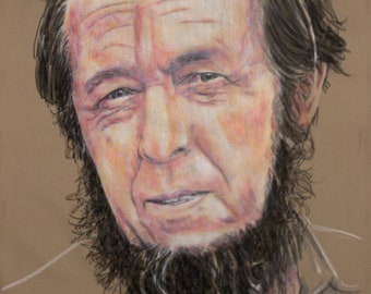 Solzhenitsyn, a portrait in charcoal and pastel on gabardine