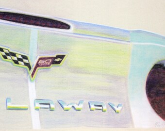 Original, one-off drawing of the back of a Callaway Corvette, in charcoal and pastel